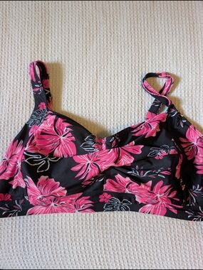 Black Swim Bikini Top with Pink Floral Print